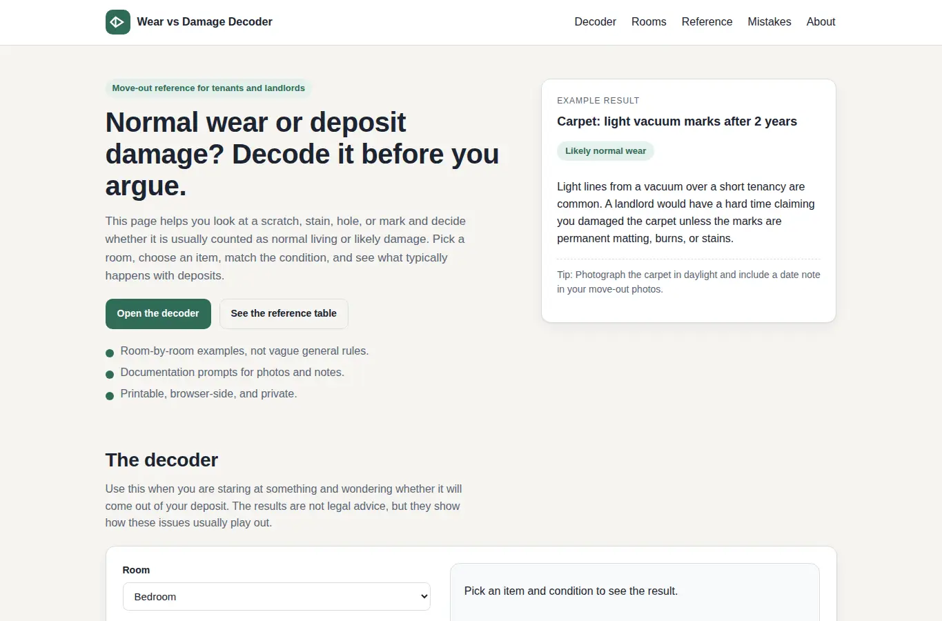 Screenshot of Rental Wear vs Damage Decoder interface showing the project page in use